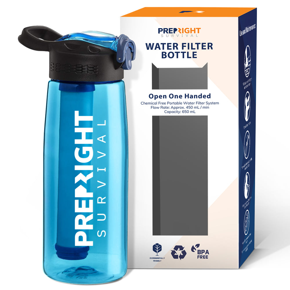 Prep-Right® Survival - 4-Stage Water Filter Bottle, BPA-Free Water Bottle for Survival Gear, Camping, and Travel