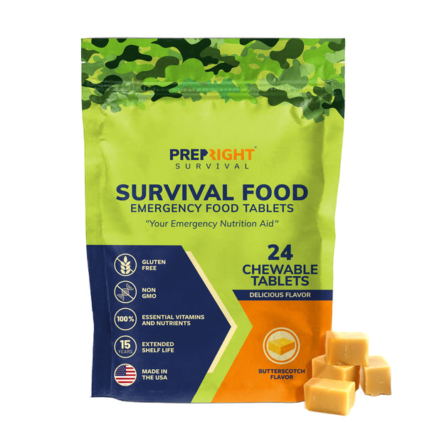 Prep-Right® Survival - Survival Food Tabs, MRE for Camping, Hiking, and Prepper Supplies, Long Term Food Storage, Gluten Free and Non GMO, 15 Year Shelf Life, 24 Count
