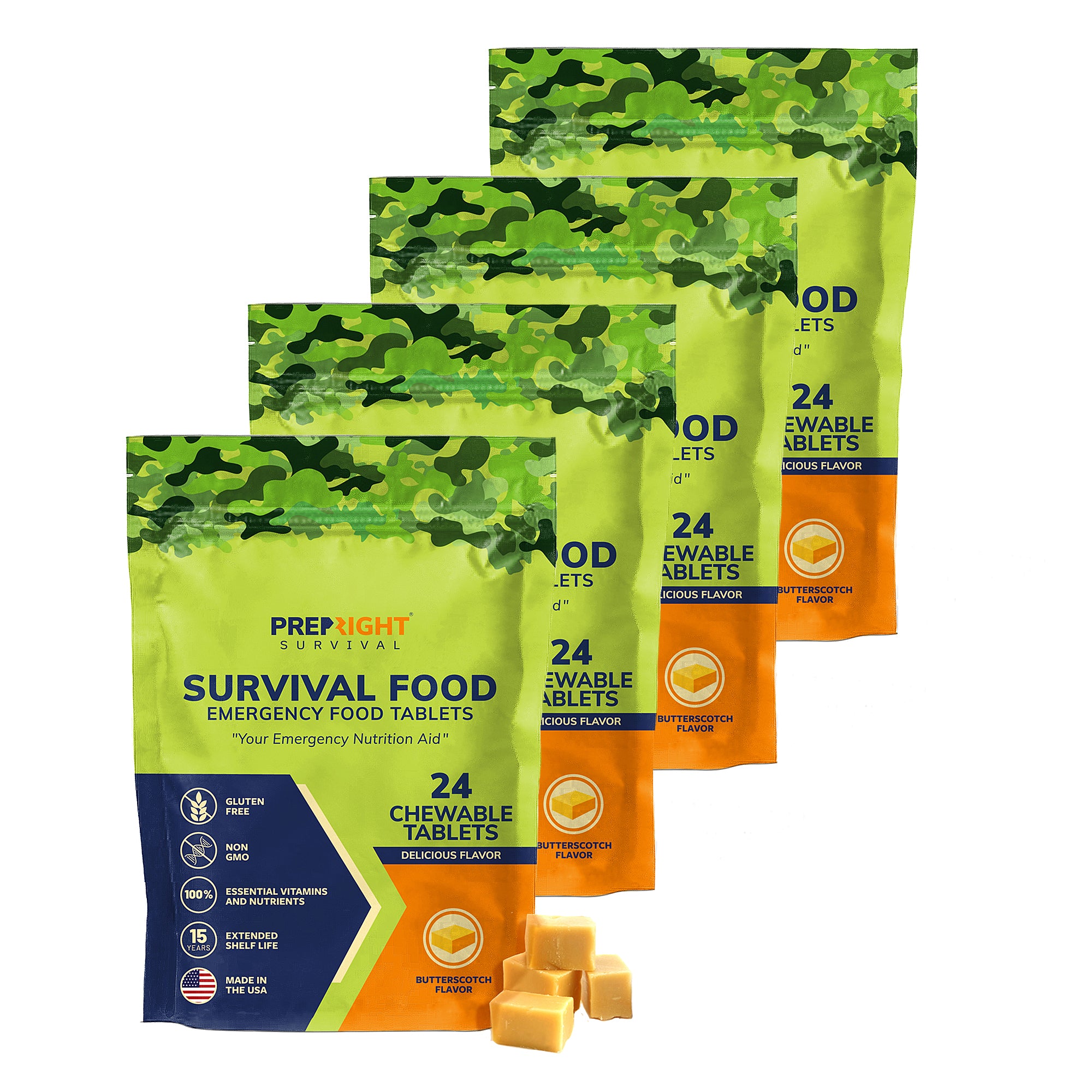 Prep-Right® Survival - Survival Food Tabs, MRE for Camping, Hiking, and Prepper Supplies, Long Term Food Storage, Gluten Free and Non GMO, 15 Year Shelf Life, 24 Count, 4 Pack