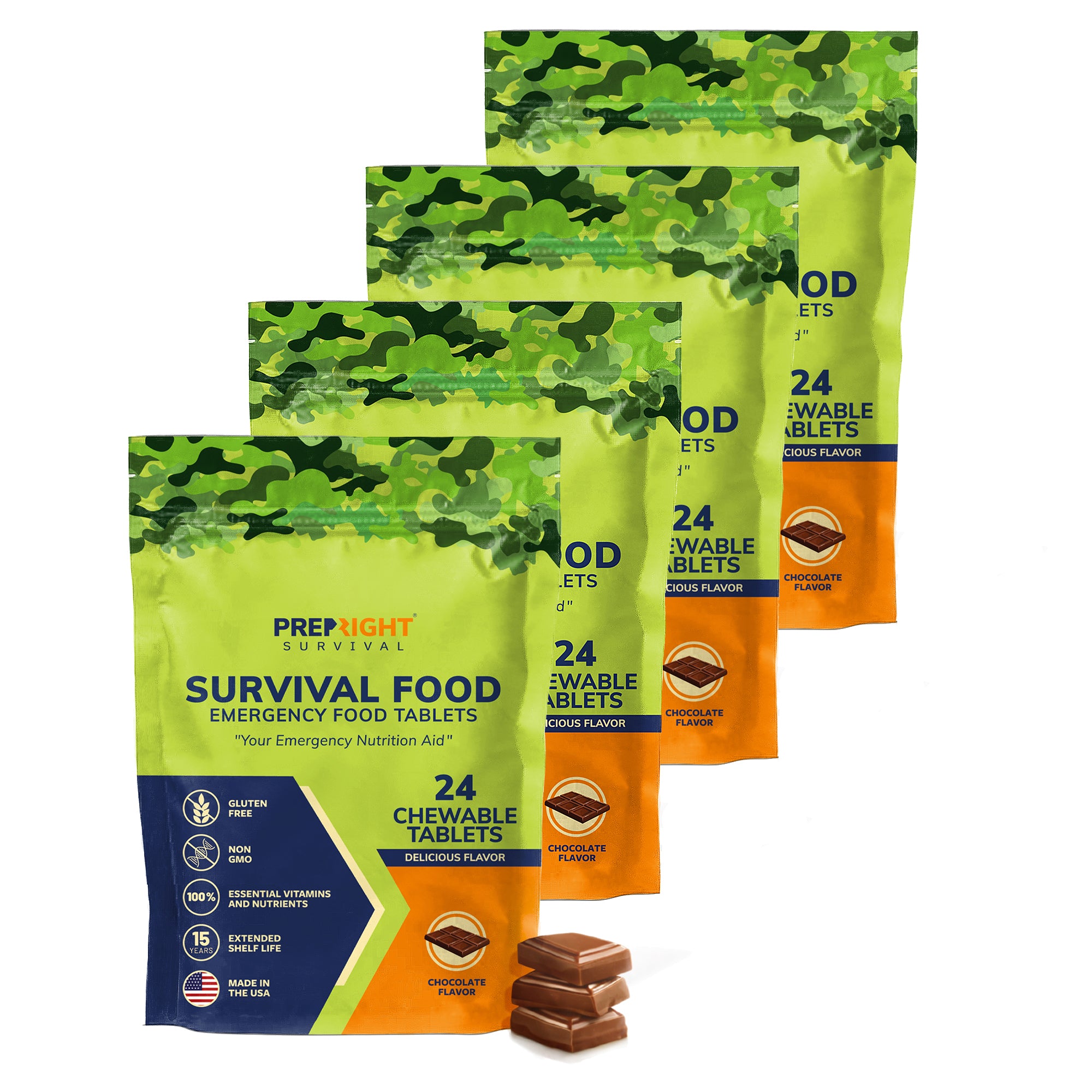 Prep-Right® Survival - Survival Food Tabs, MRE for Camping, Hiking, and Prepper Supplies, Long Term Food Storage, Gluten Free and Non GMO, 15 Year Shelf Life, 24 Count, 4 Pack