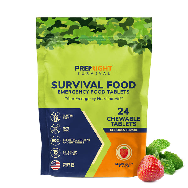 Prep-Right® Survival - Survival Food Tabs, MRE for Camping, Hiking, and Prepper Supplies, Long Term Food Storage, Gluten Free and Non GMO, 15 Year Shelf Life, 24 Count